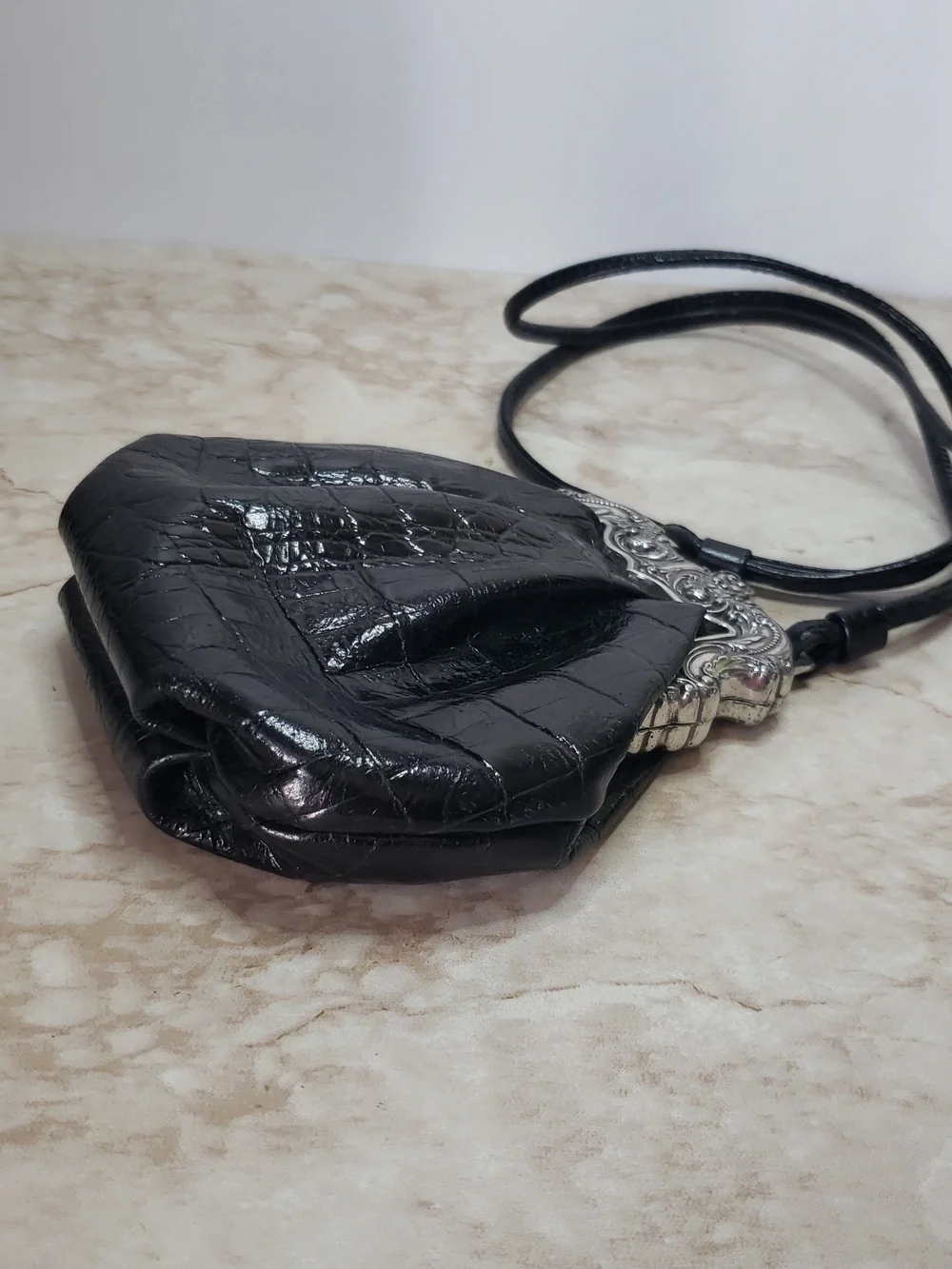 Brighton One World Black Leather Embossed  Croc Crossbody Bag with Silver Frame